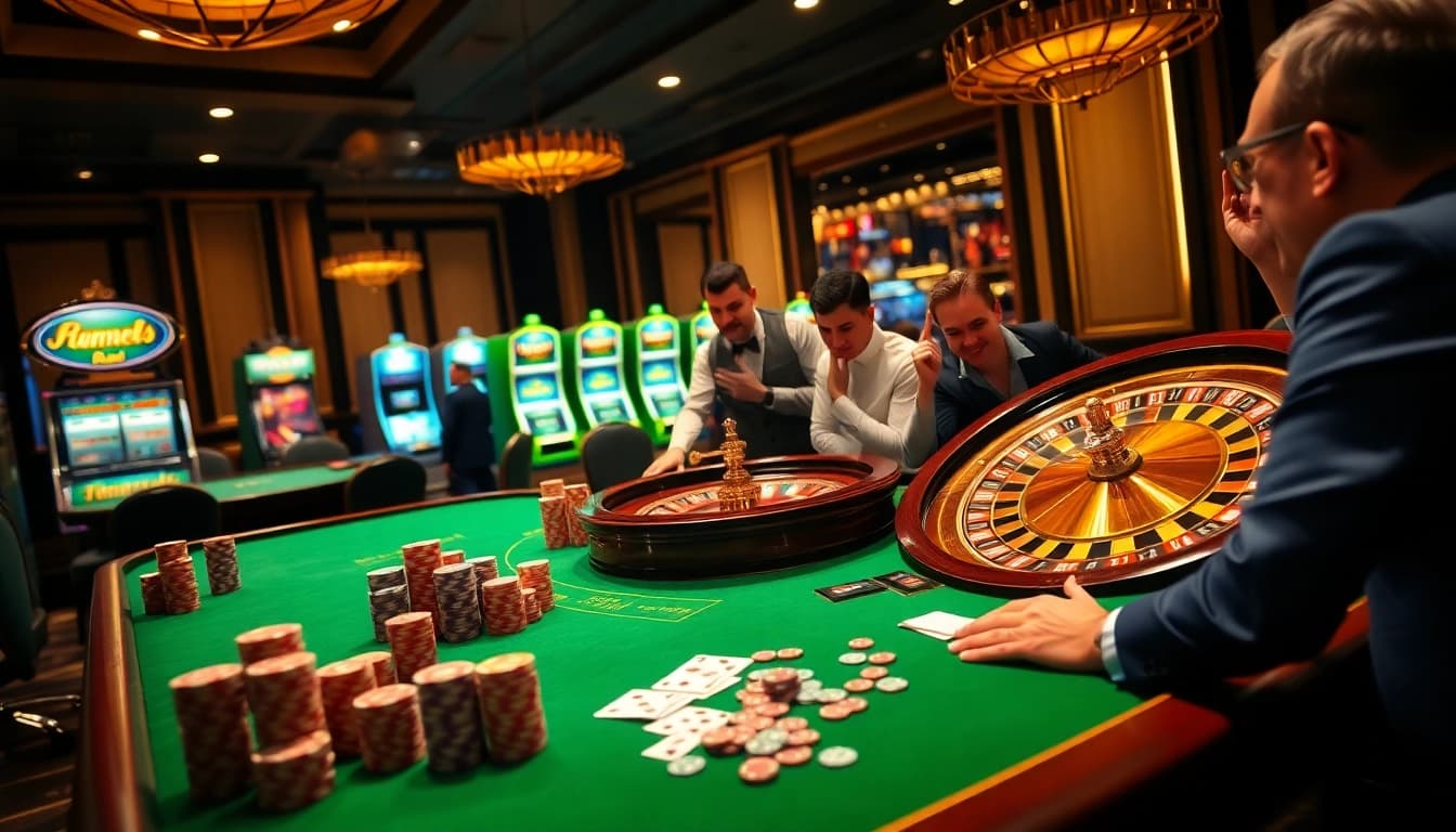 Players enjoying a thrilling game of chance at nhà cái vuabai9's elegant casino tables.