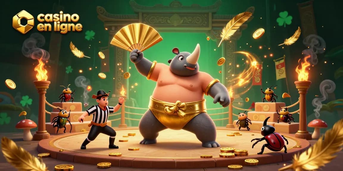 Animation captivante d'un casino en ligne où un scarabée rhinocéros sumo en maillot d'or émet des pièces d'or.