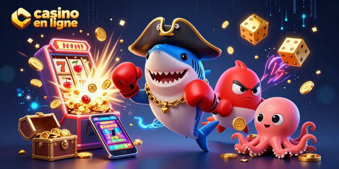Jouer à casino en ligne avec un requin pirate 3D, un poisson-globe et un petit poulpe.