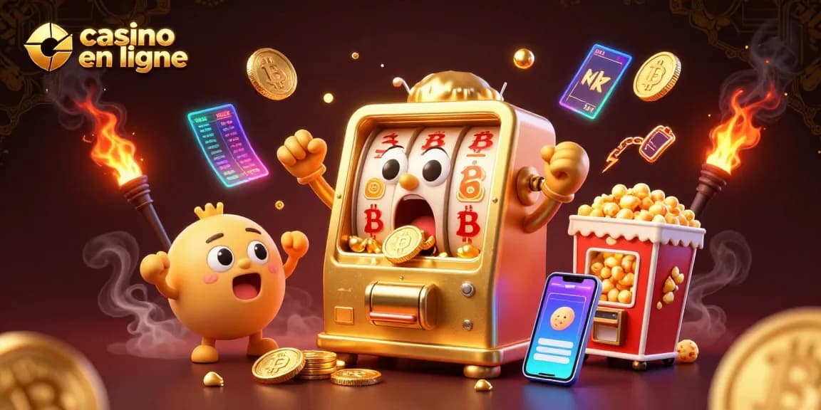 Gagnez des jackpots dans un casino en ligne inspiré par une machine à sous en or, avec une ambiance festive.