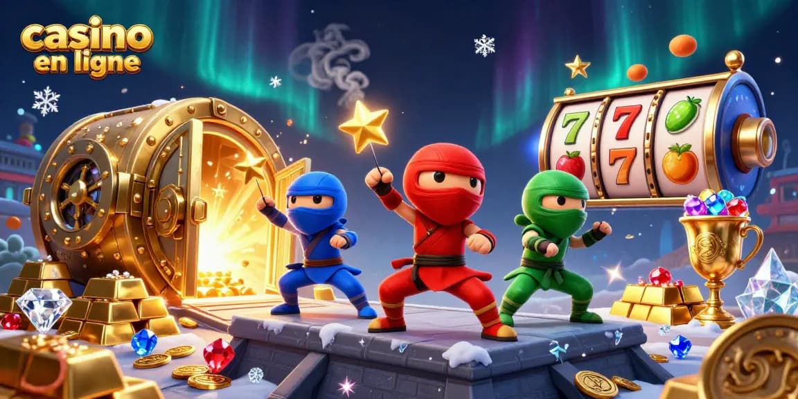 Jouez sur casino en ligne avec une équipe de caméléons ninjas dynamiques dans une scène de casino colorée.