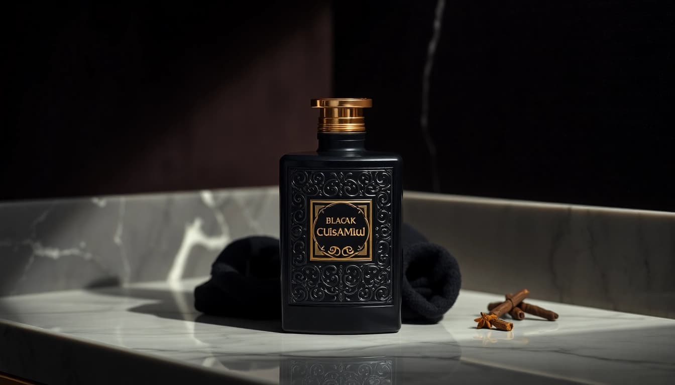 Present Musamam Black Intense by Lattafa elegant perfume bottle on a dark velvety backdrop.