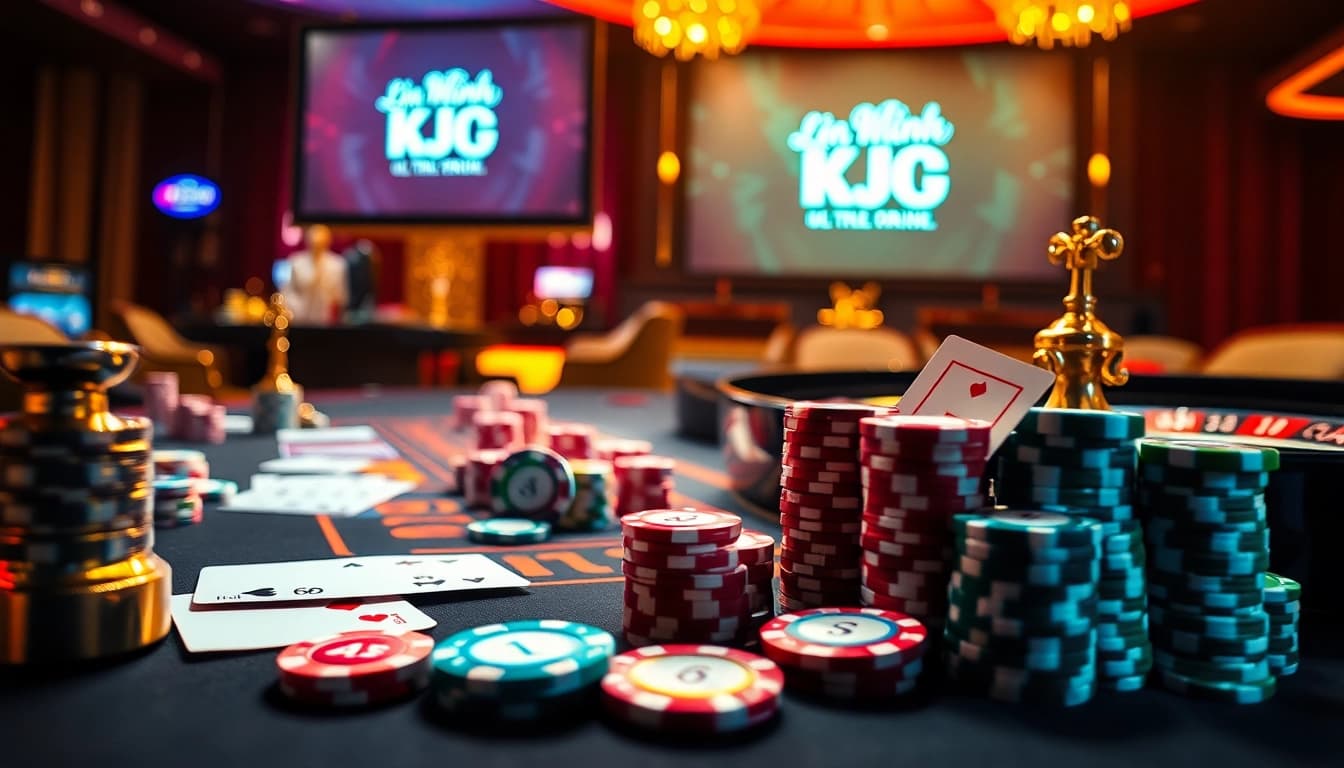 Experience the thrill of gambling in a luxurious setting with LIÊN MINH KJC, showcasing poker chips and casino tables.