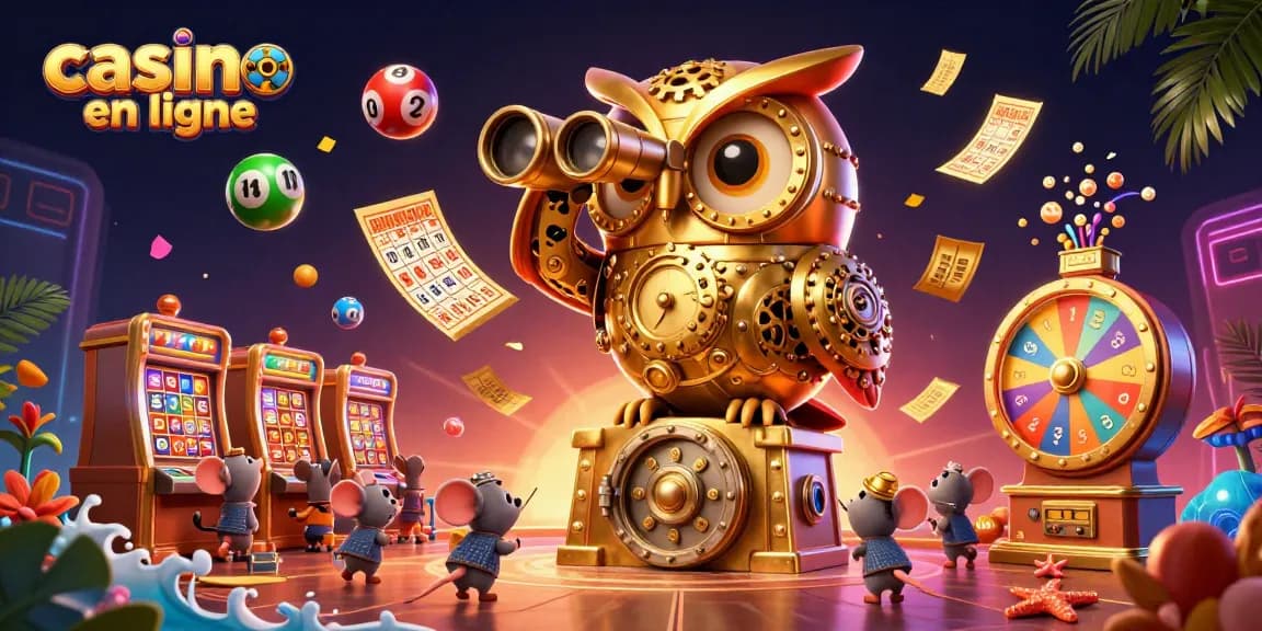 Explorez les machines à sous sur un casino en ligne animé avec un hibou mécanique et des souris.
