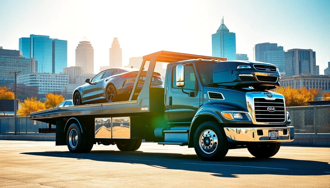 Flatbed towing Nashville with a professional tow truck showcasing reliable services in the urban skyline.