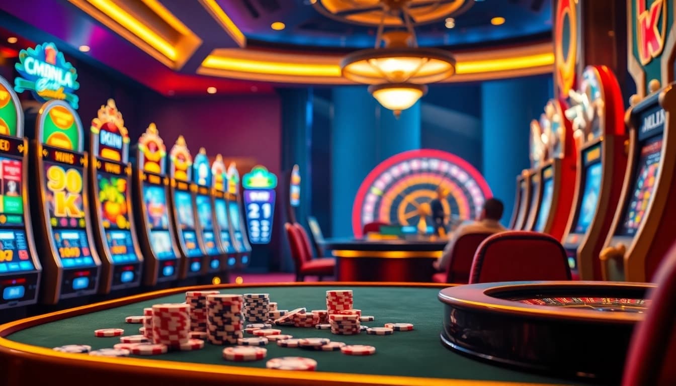 Adegan permainan slot pulsa yang seru dengan mesin slot berwarna-warni dan chip poker berwarna-warni.