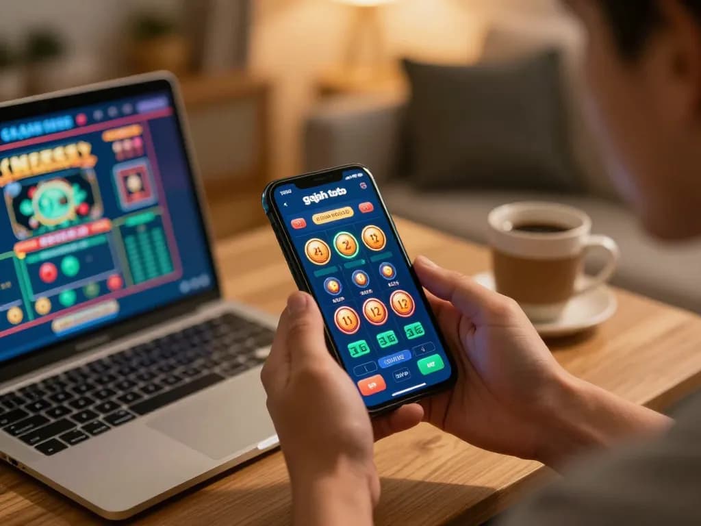 Player engaged with gajah toto betting app on smartphone in cozy home setting.
