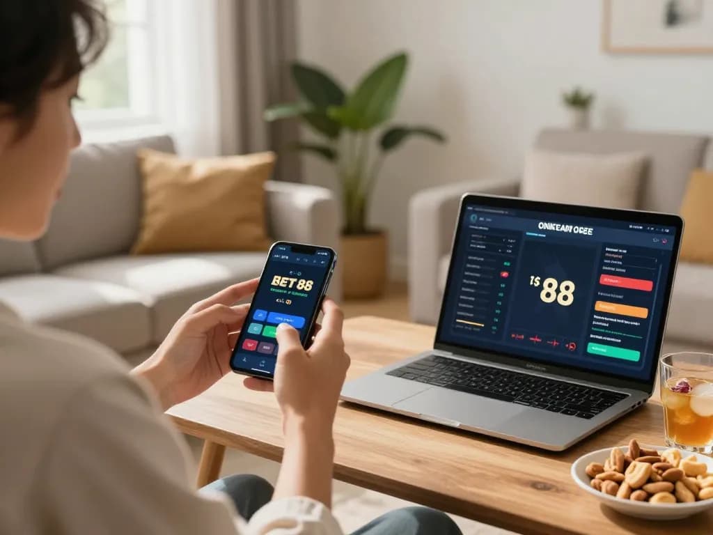 Player enjoying Bet 88 online casino game on smartphone in cozy home setting