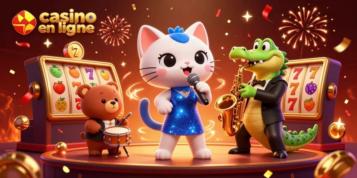 Illustration de chat jazz chantant au casino en ligne avec des éléments de jeux captivants