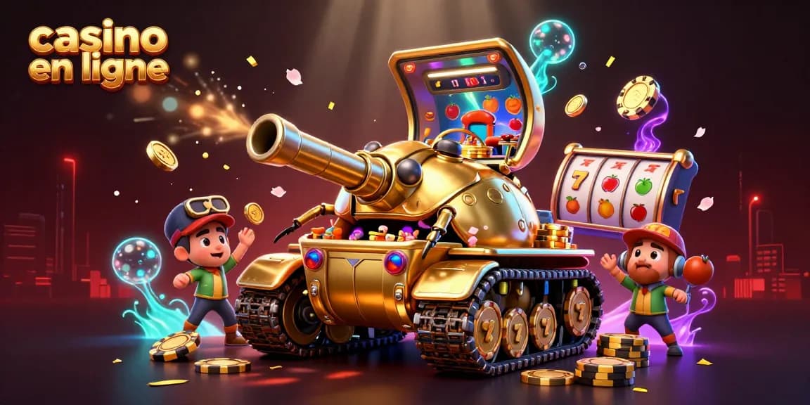 Visitez un casino en ligne captivant à l'intérieur d'un tank doré avec des joueurs, jets de confetti et machines à sous vibrantes.