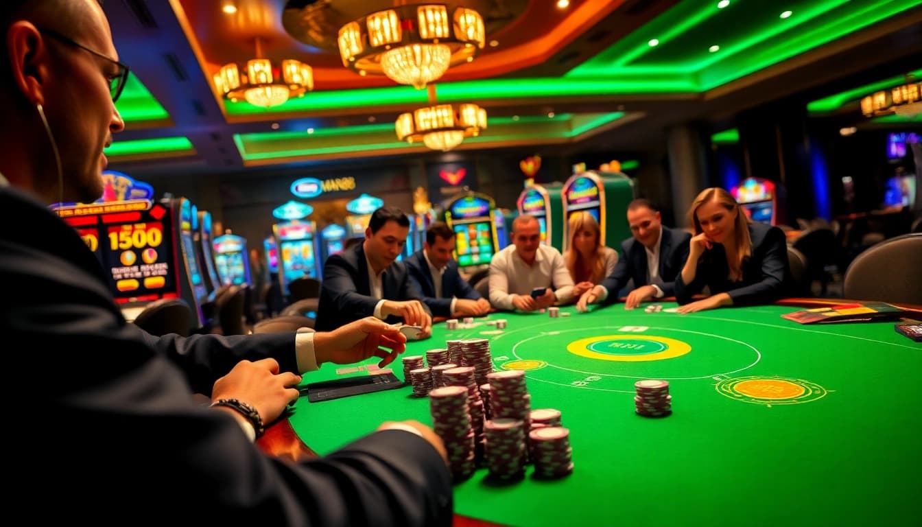 Experience excitement at Man88 with players engaging at a poker table and vibrant casino ambiance.