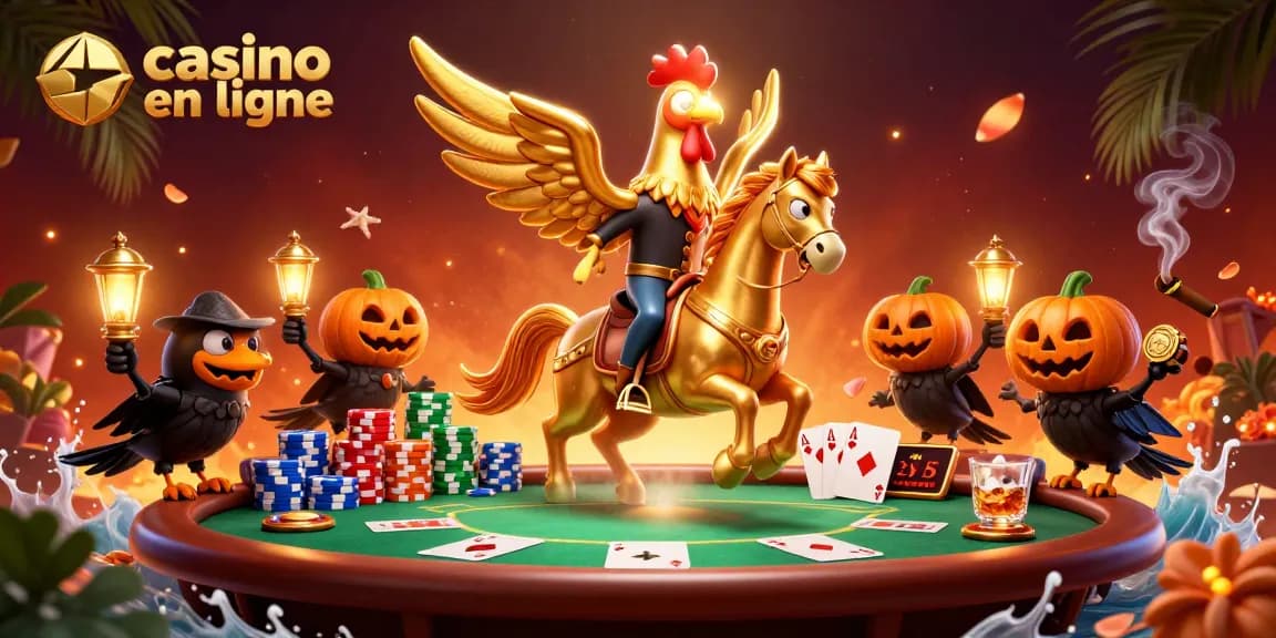 Découvrez une scène dynamique au casino en ligne avec un coq doré au centre.