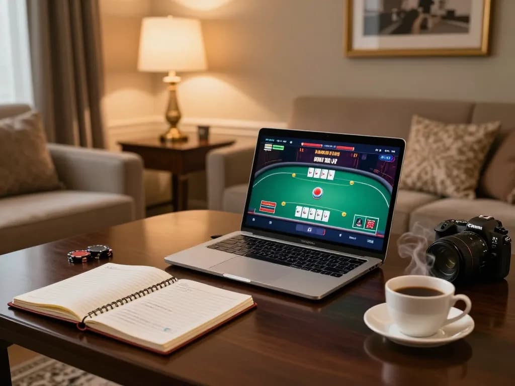 Experience strategic gameplay at tv88 with an elegant home casino setup featuring poker on a laptop.