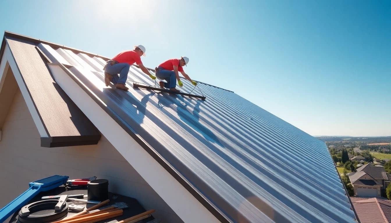 Installers working on a new metal roofing system on a suburban home, showcasing metal roofing panels.