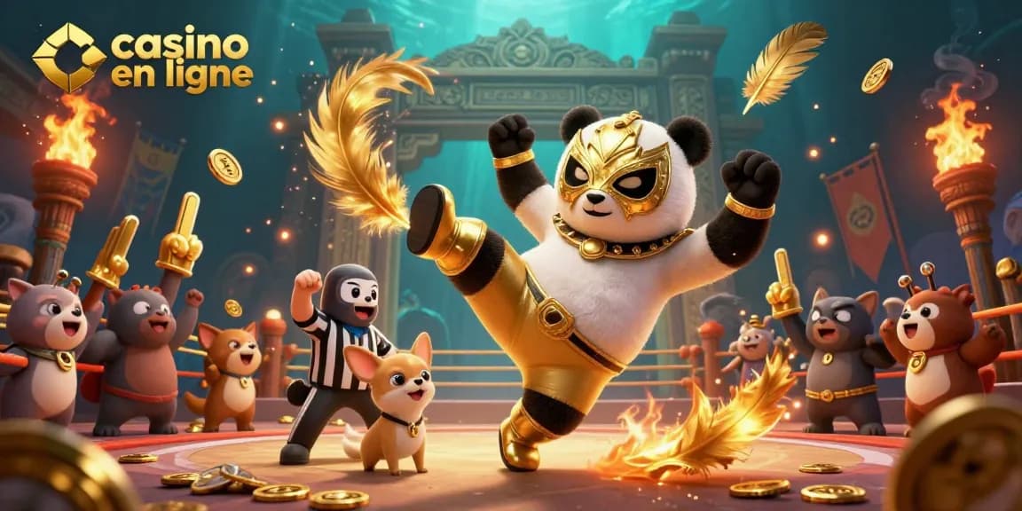 Scénario dynamique de "casino en ligne" avec panda lutteur et lots de pièces d’or.