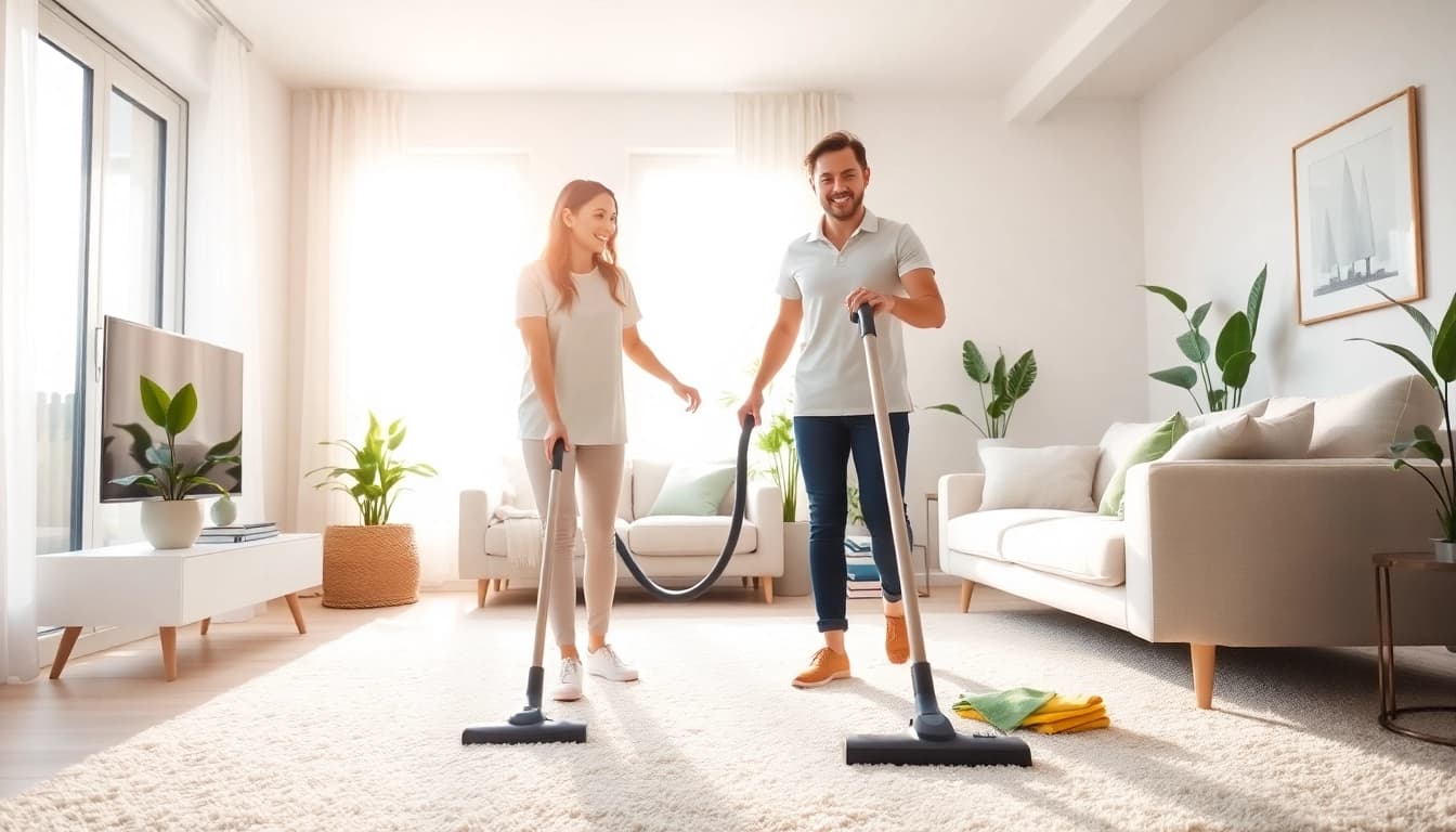 Experience a top-rated cleaning service with a professional cleaner in a bright living room.