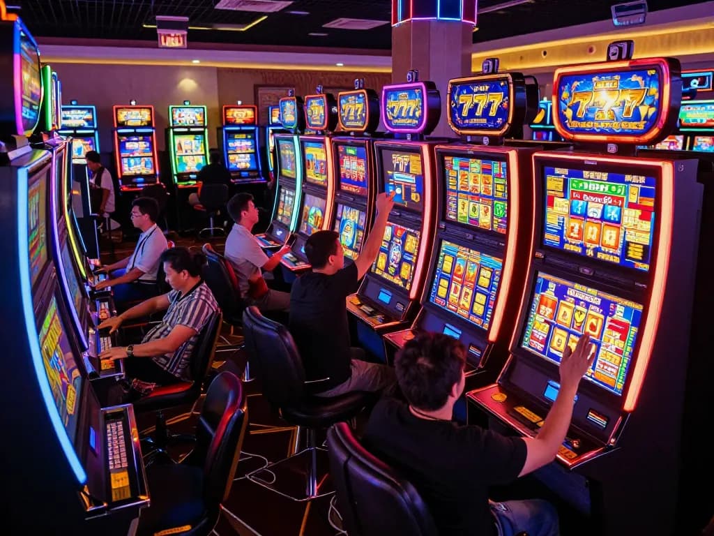Players celebrating wins on exciting slot 777 machines in a lively casino atmosphere.