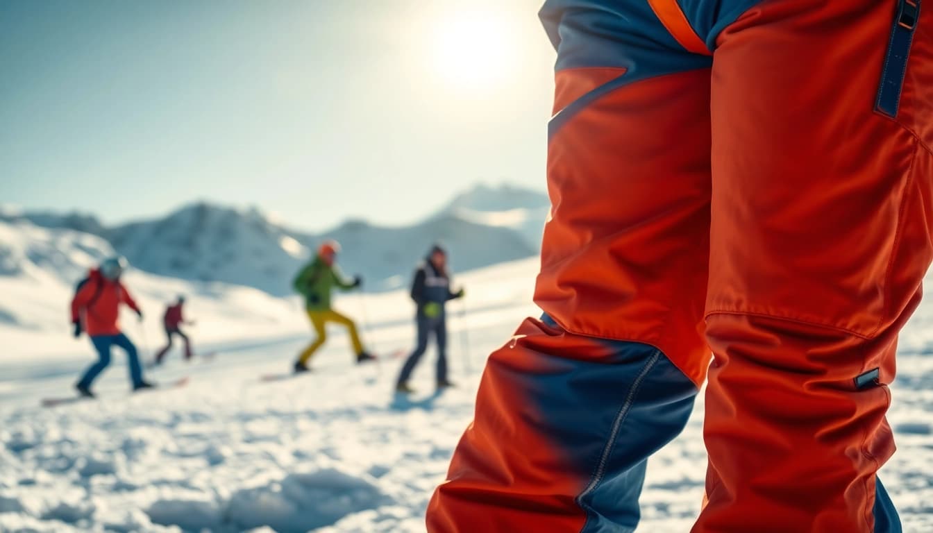 Model wearing snow pants in a winter landscape, showcasing performance and style.