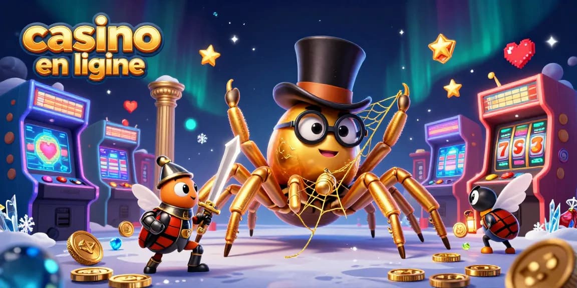 Plongez dans l'univers du casino en ligne avec cette illustration vibrante d'une tarentule et d'un chevalier.