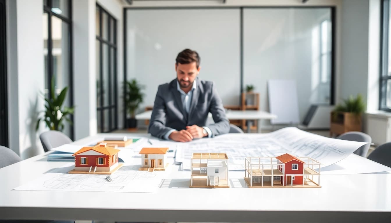 Architectural services showcased through an architect actively reviewing plans amid a creative workspace.