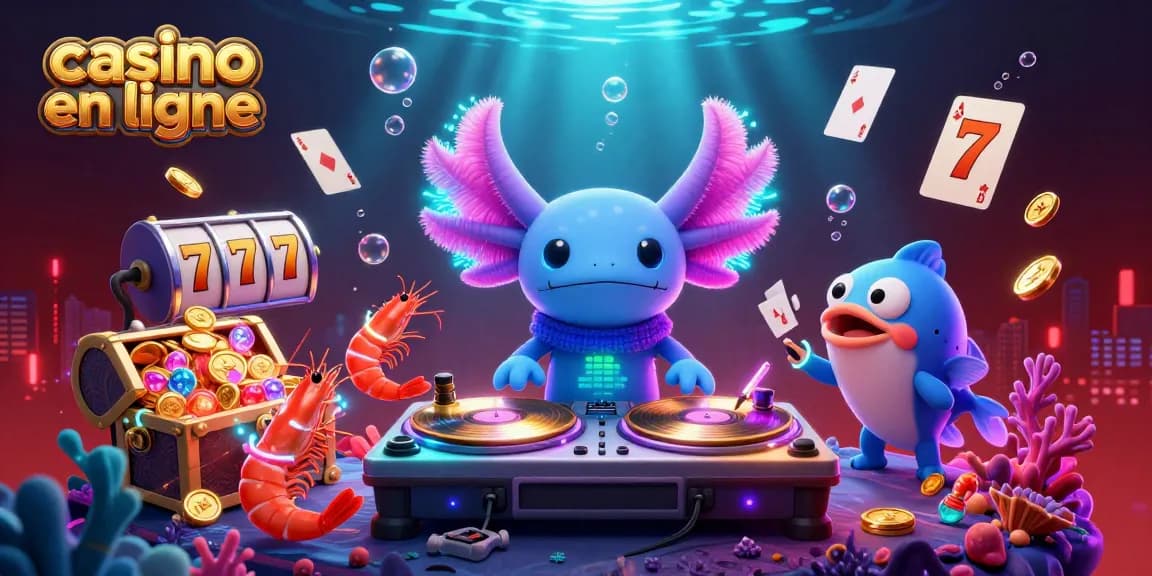 Profitez de l'ambiance vibrante d'un casino en ligne avec un DJ axolotl et des éléments de jeu sous-marins.