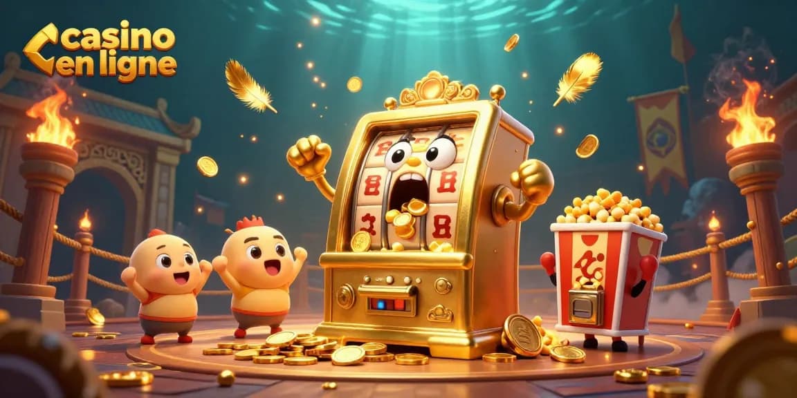 Machines à sous gagnantes avec un jackpot dans un casino en ligne animé, pièces dorées fusant.