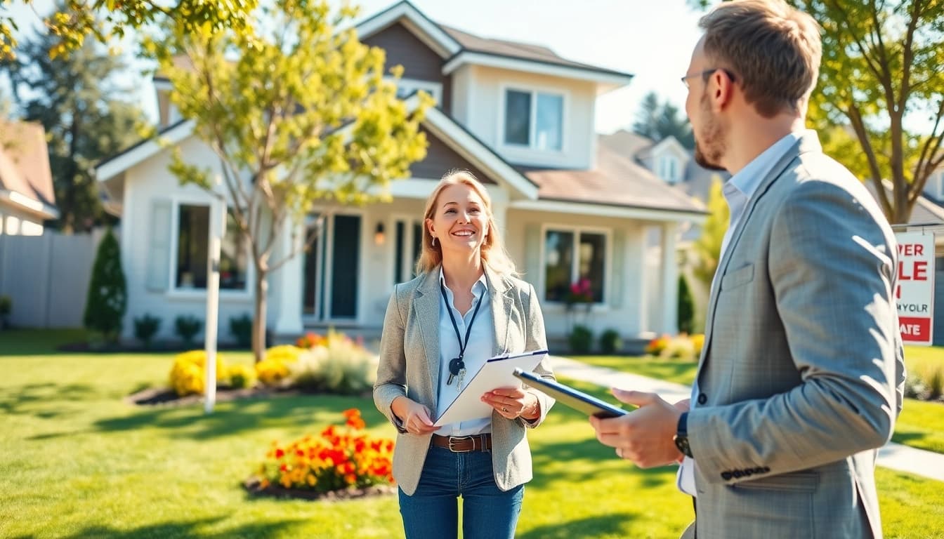 Showcasing real estate with a professional agent in front of a modern home