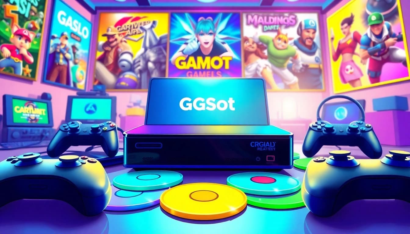 Daftar ggsoft game yang menarik dengan konsol dan berbagai disk permainan yang berwarna-warni.