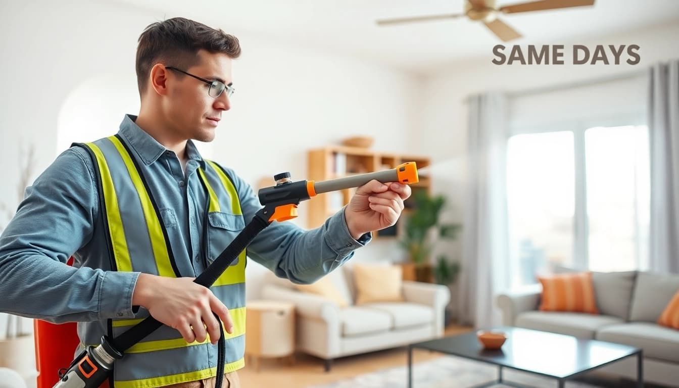 Exterminator providing same day pest service in a home, ensuring a pest-free environment.
