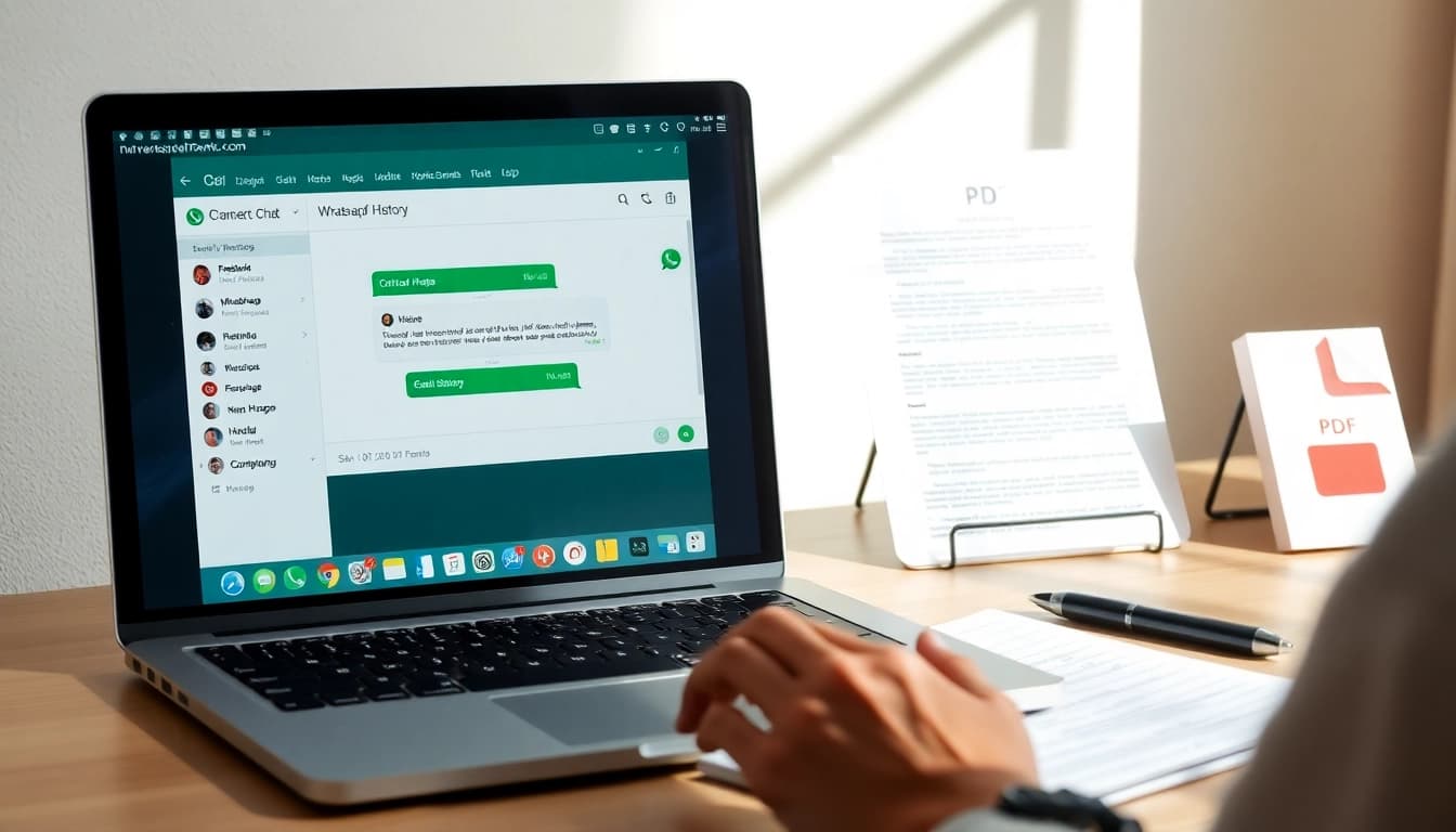 Convert WhatsApp chats to PDF using https://chattopdf.app, showcasing an organized workspace.