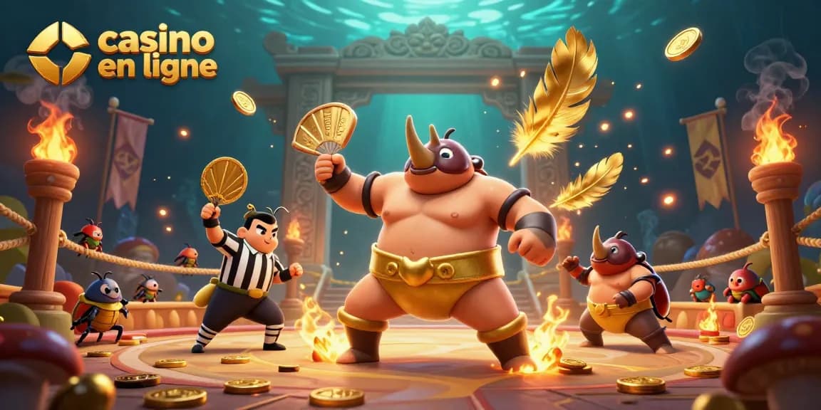 Le casino en ligne propose un combat épique entre un rhinocéros scarabée et un arbitre, avec des pièces d'or volantes.