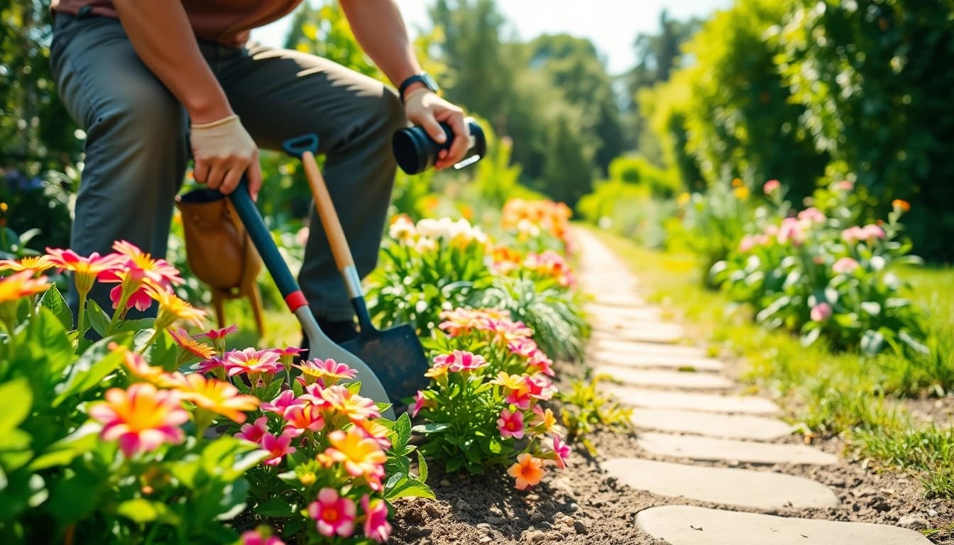 Gardening expert cultivating lush plants in a vibrant garden showcasing blooming flowers.
