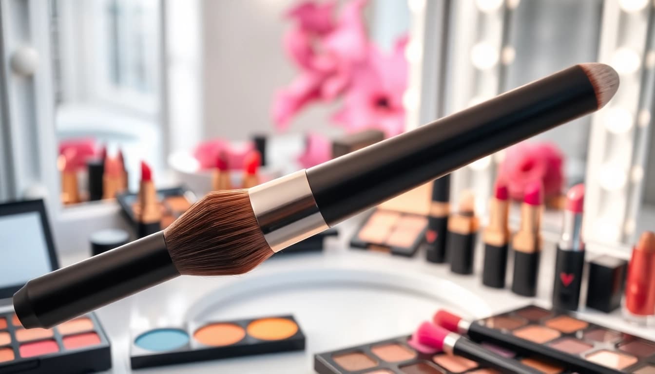 Applying makeup with an angled makeup brush on a stylish vanity.