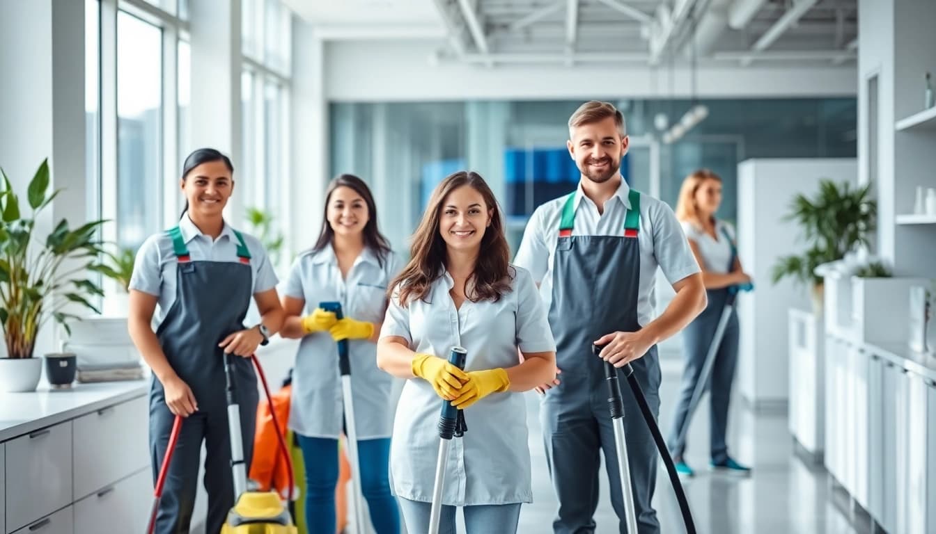 Effizientes Team bei https://nm-gebäudeservice.de in modernem Büro mit professionellen Reinigungsgeräten.