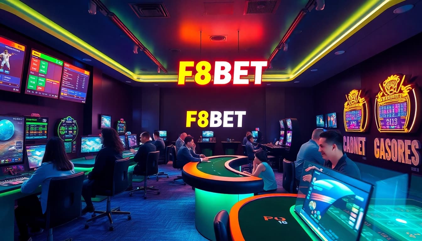 Dynamic online gaming scene featuring F8BET, with players engaged in sports betting and casino games amidst a vibrant atmosphere.