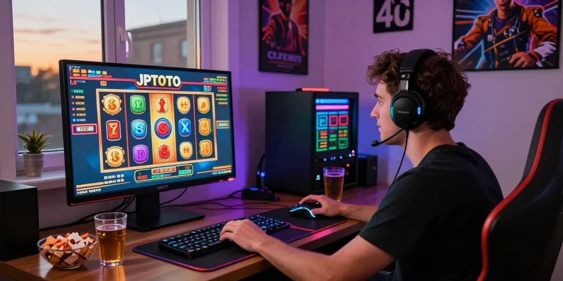 Exciting gaming atmosphere with JPTOTO slot machine and player in vibrant home setting.