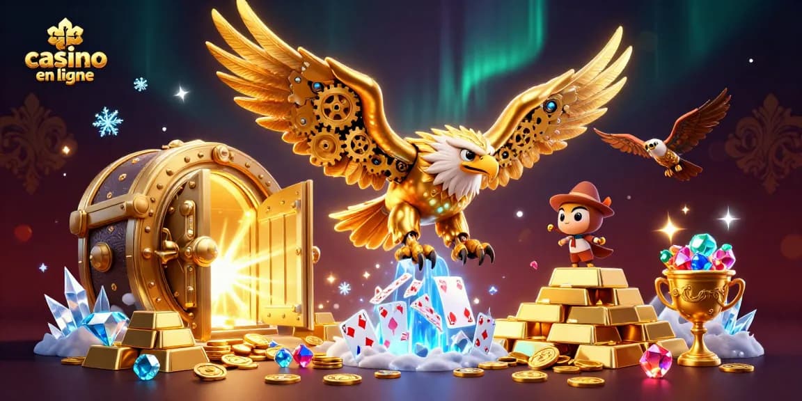 Jouez aux jeux de casino en ligne avec une illustration captivante d'un aigle doré dynamique.