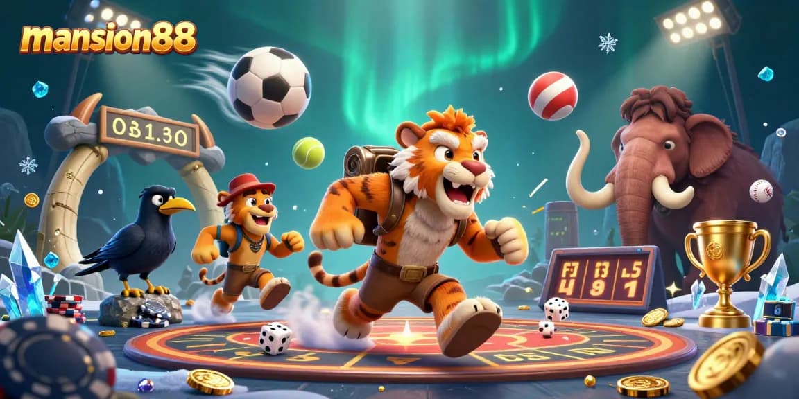 Experience the thrill of gambling at mansion88 with a lively 3D casino scene featuring a caveman duo and a clever crow.