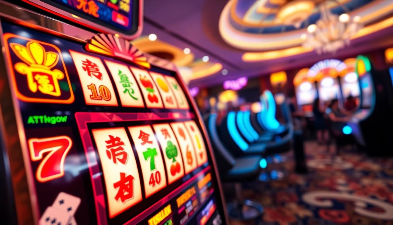 Slot demo mahjong menampilkan simbol ikonik dalam suasana kasino yang ceria