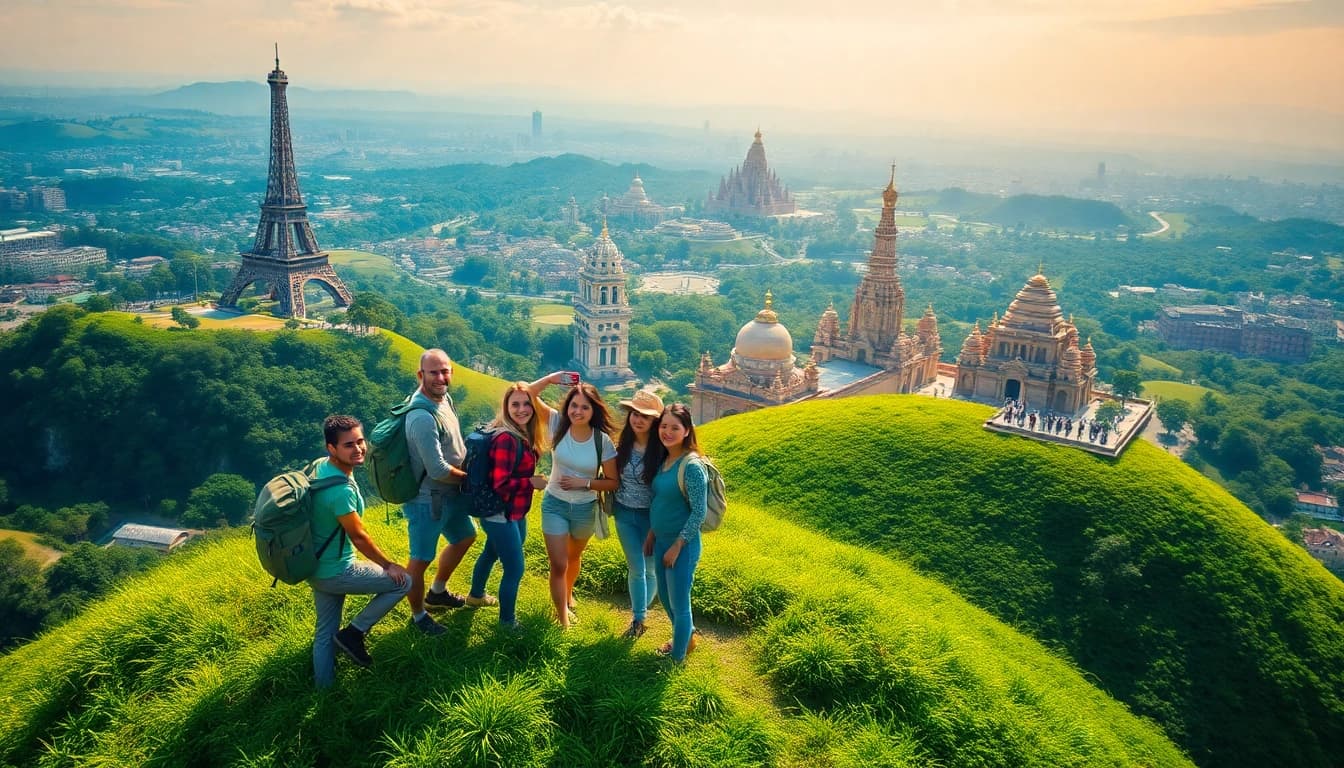 Exciting round the world holidays showcased with travelers against vibrant landscapes.
