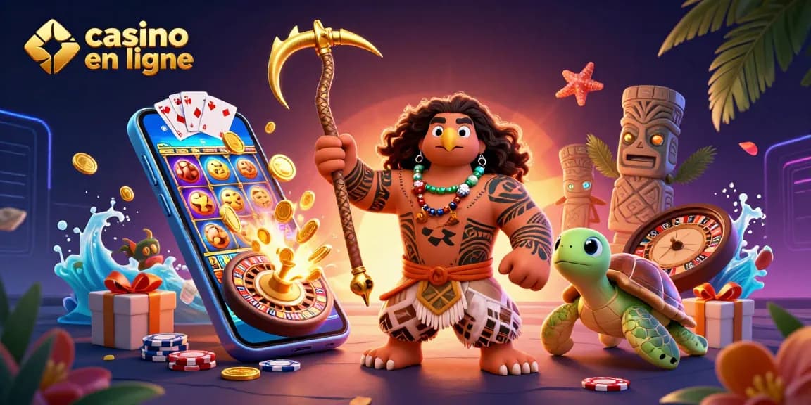 Casino en ligne vibrant avec des personnages tribaux et des jeux d'argent éparpillés