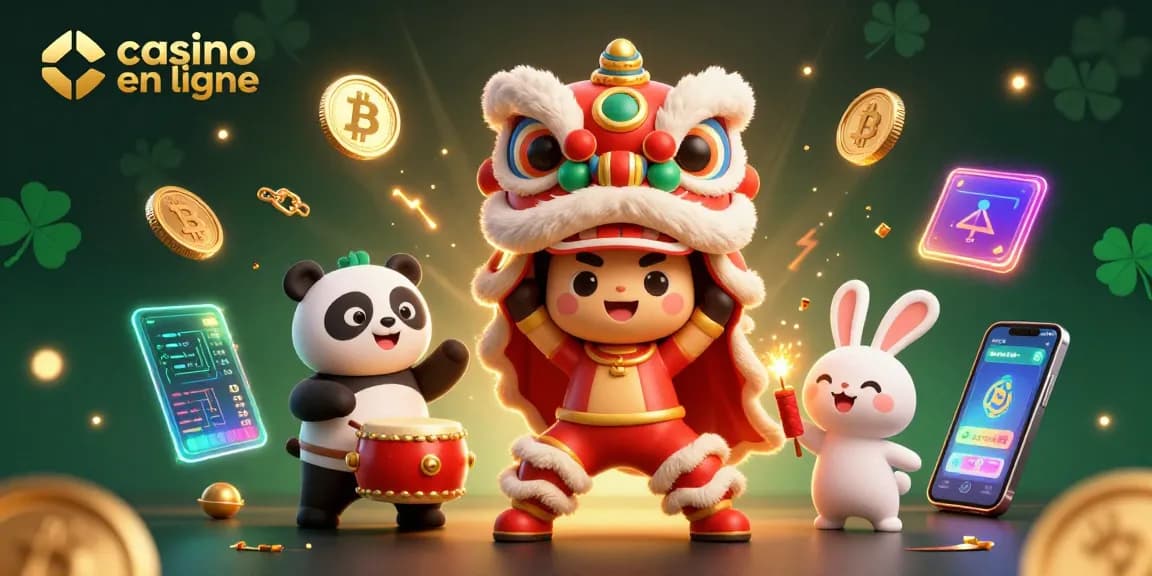 Illustration de casino en ligne avec un lion dansant, crypto-monnaies, et éléments de jeux.