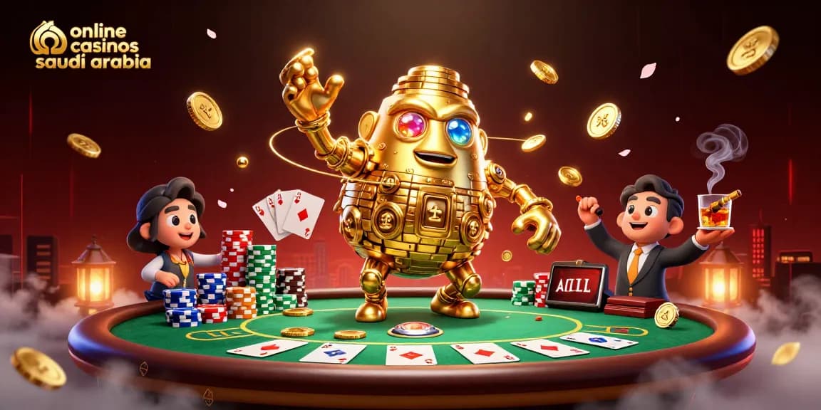 Experience online casinos Saudi Arabia featuring a glimmering golden golem and a lively poker scene.