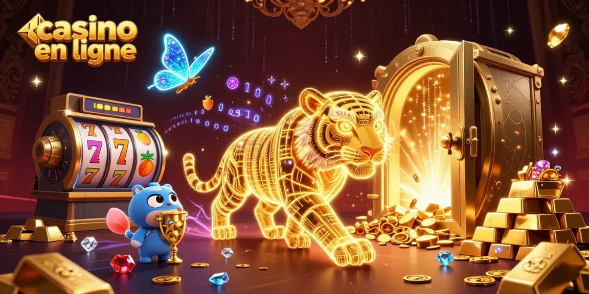 Jouer à des jeux captivants dans un casino en ligne avec un tigre doré et des trésors scintillants.