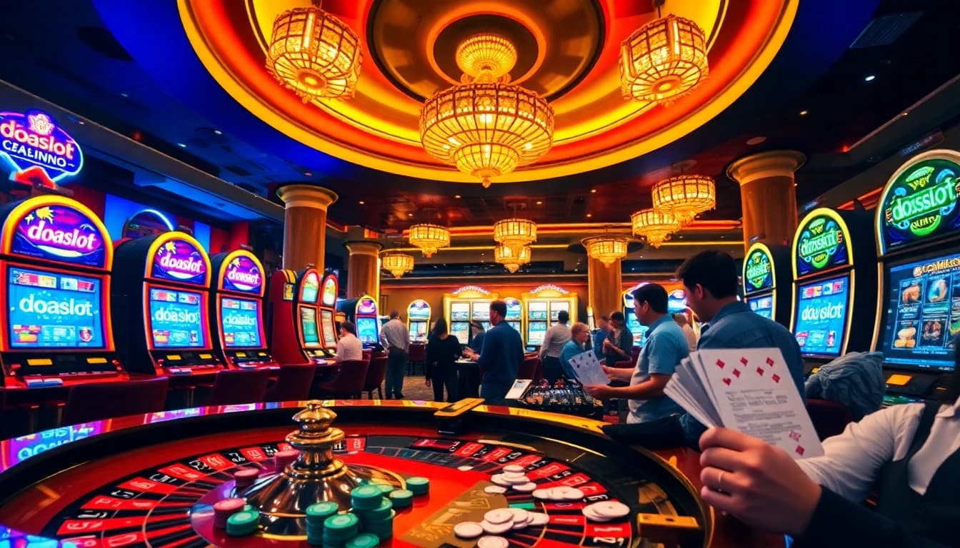 Players enjoying vibrant doaslot games at a luxurious casino with roulette and slots.
