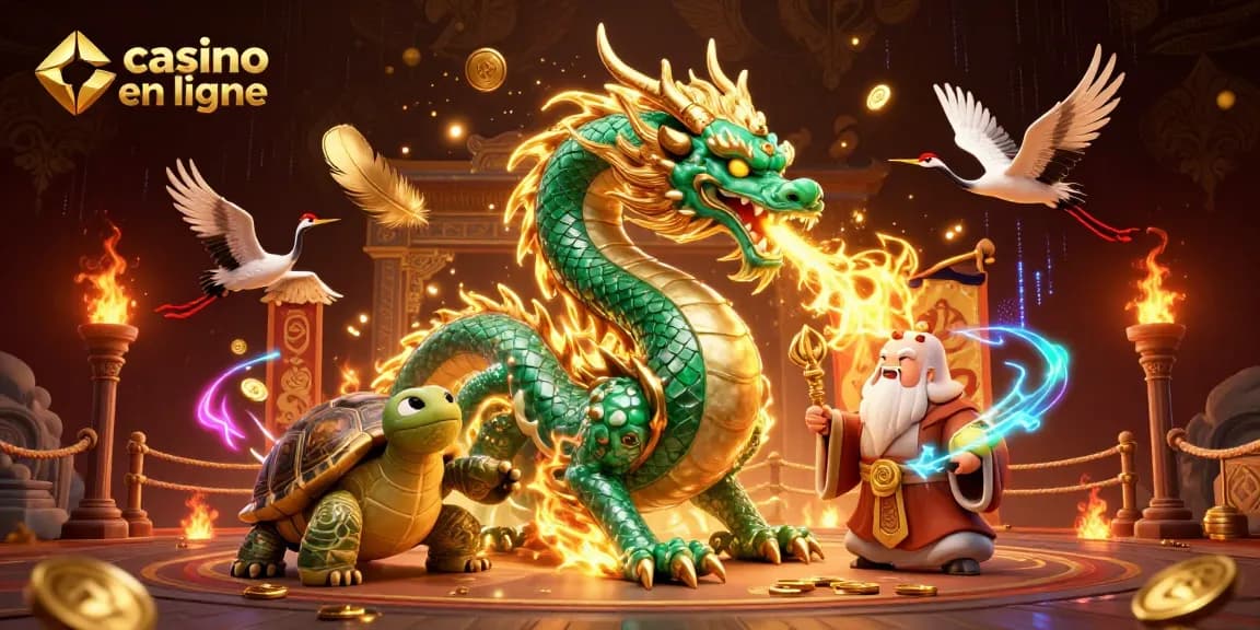 Jouez au casino en ligne avec un dragon jade et des symboles de chance dans une scène dynamique.