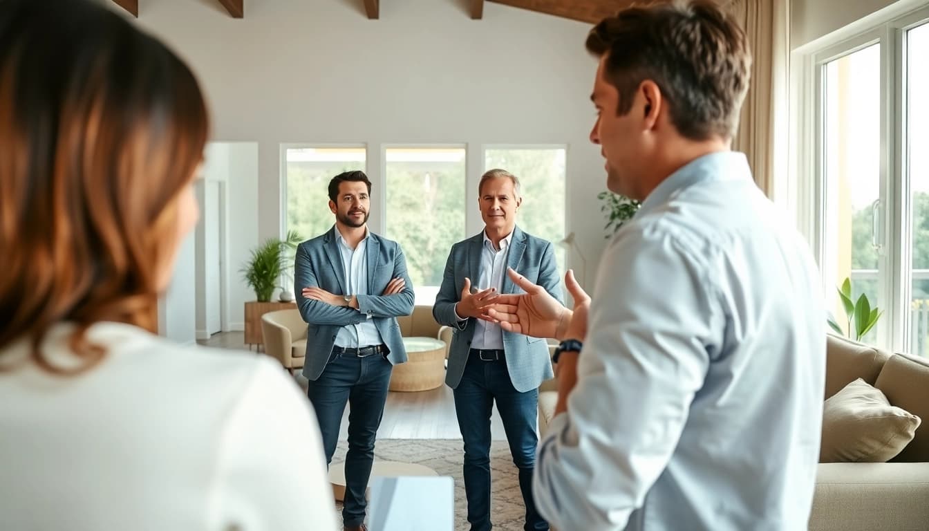Real Estate agent showcasing a property to engaged clients in a modern living room.