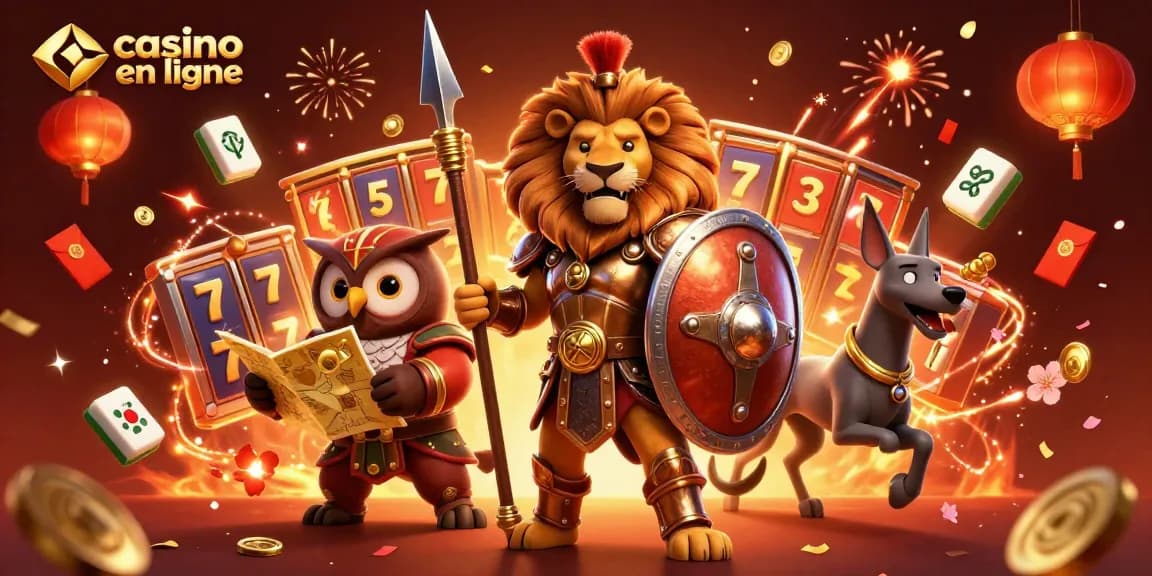 Illustration dynamique d'un casino en ligne avec un lion en armure, un hibou stratège et un greyhound, entourés d'éléments de jeu.