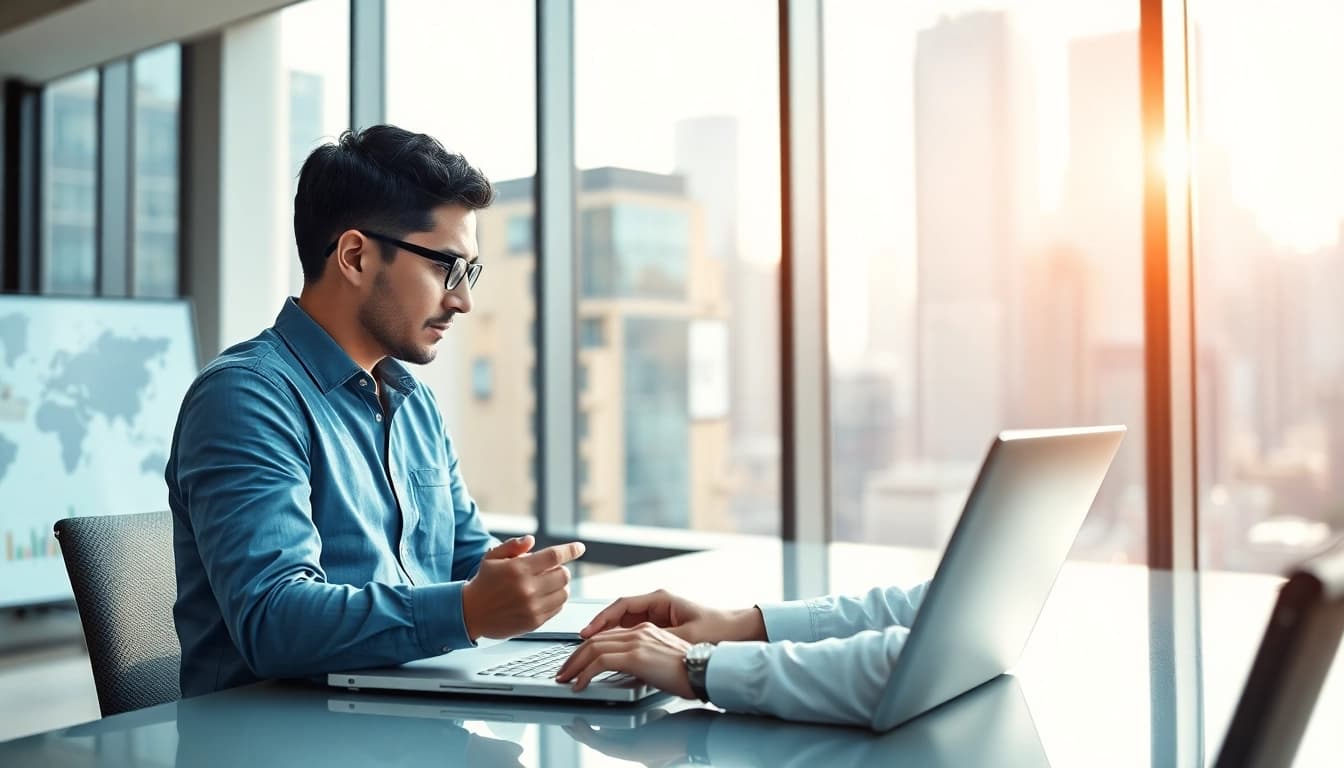 Analyze rates on https://m.check-rates.com with a professional in a modern office.
