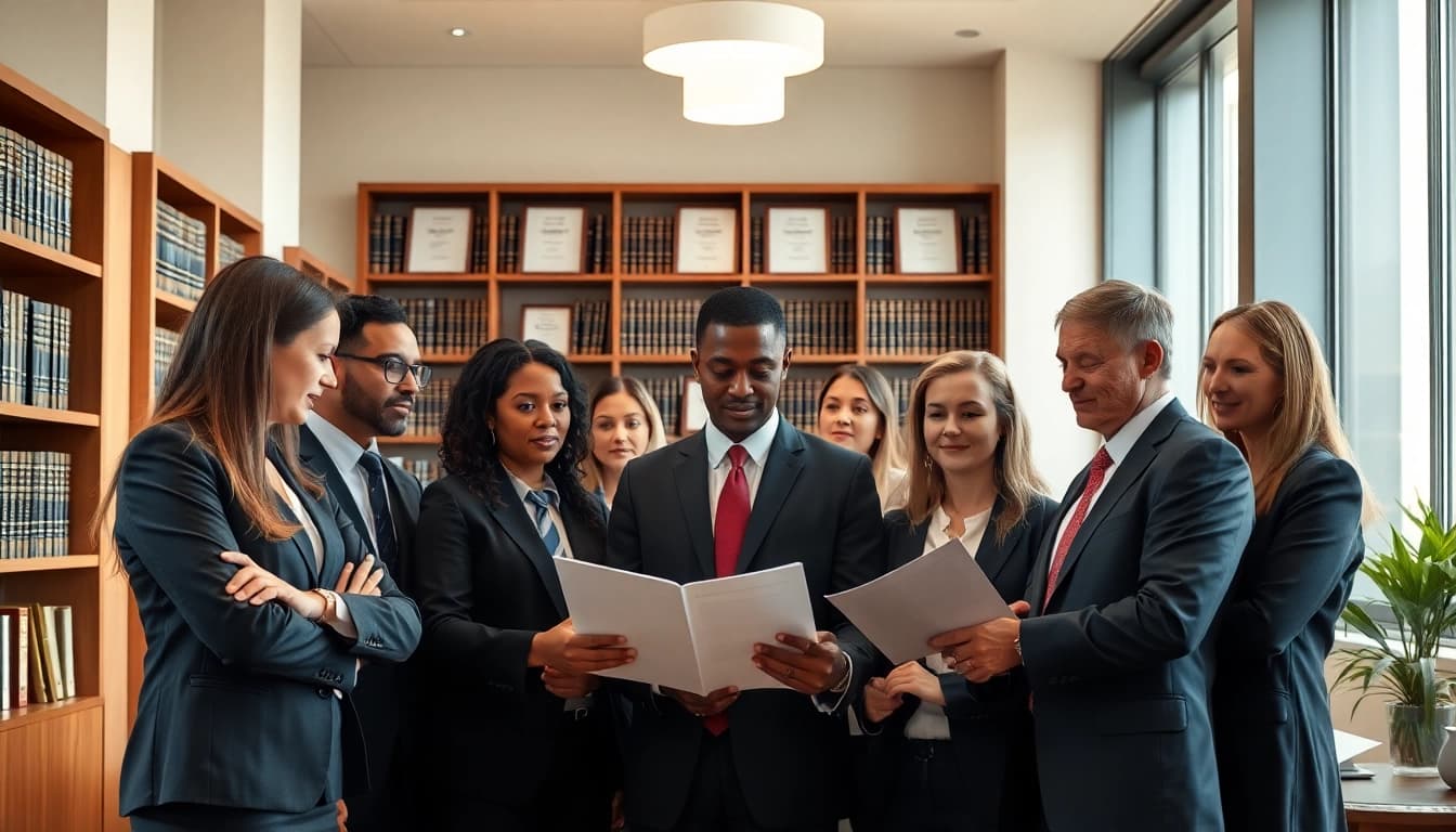 Engaged group of USA lawyers collaborating in a professional office environment.
